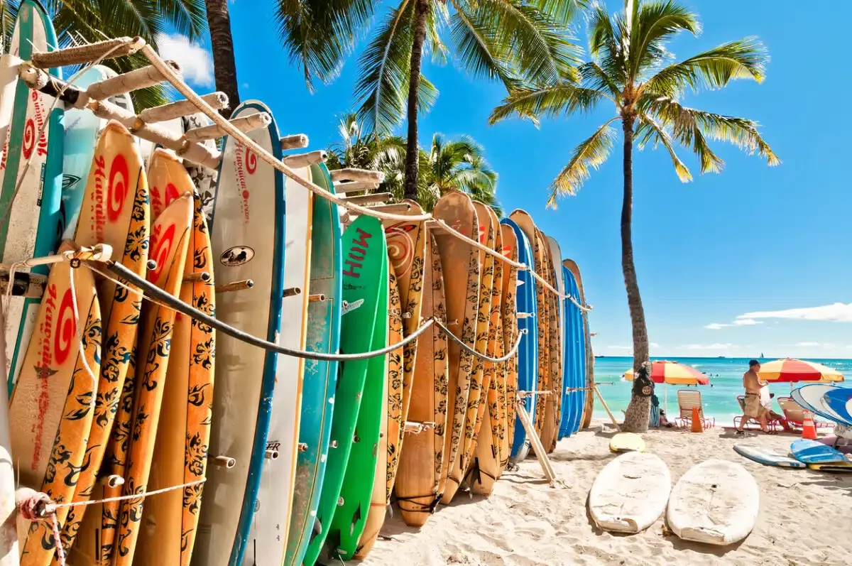 Honolulu, HI, USA - September 7, 2013: Surfboards lined up in the rack at famous Waikiki Beach in Honolulu. Oahu, Hawaii.
