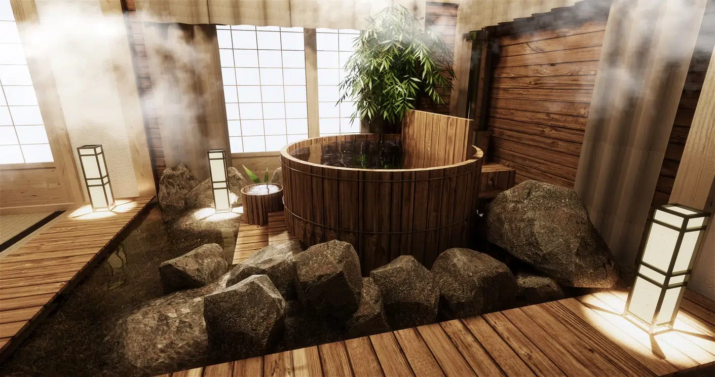 japanese style spa with cedar tub