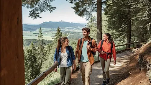cheerful travelers hiking a forest trail with a mountain view