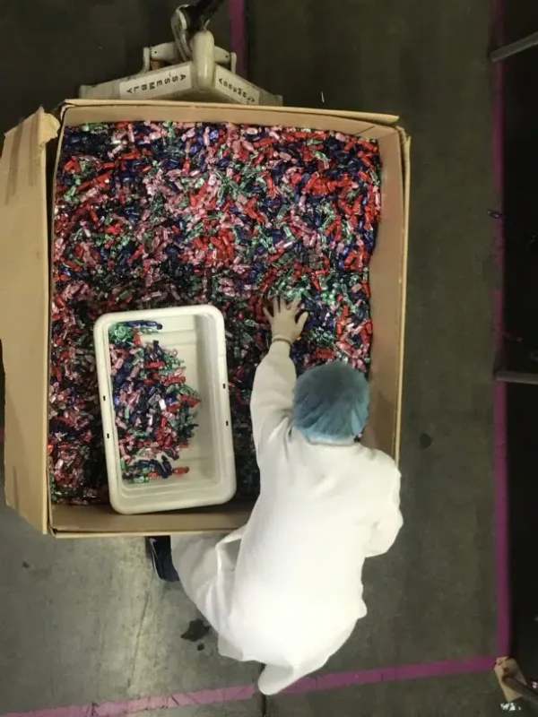 A factory worker reaches into a giant box of chocolate truffles